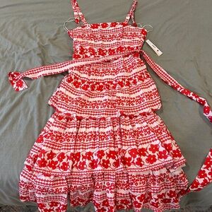 Aqua Bloomingdale’s brand red and white midi ruffle tier dress